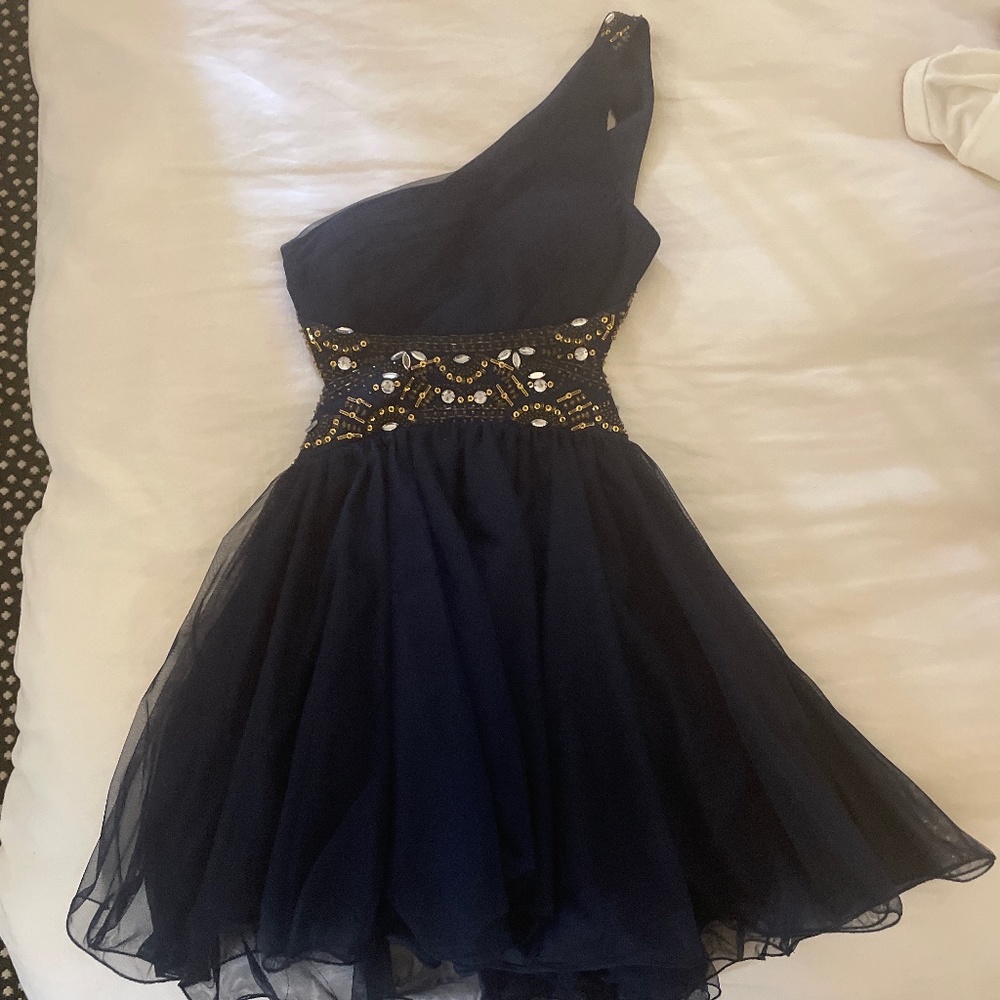 Navy Embroidered Blondie Homecoming Dress